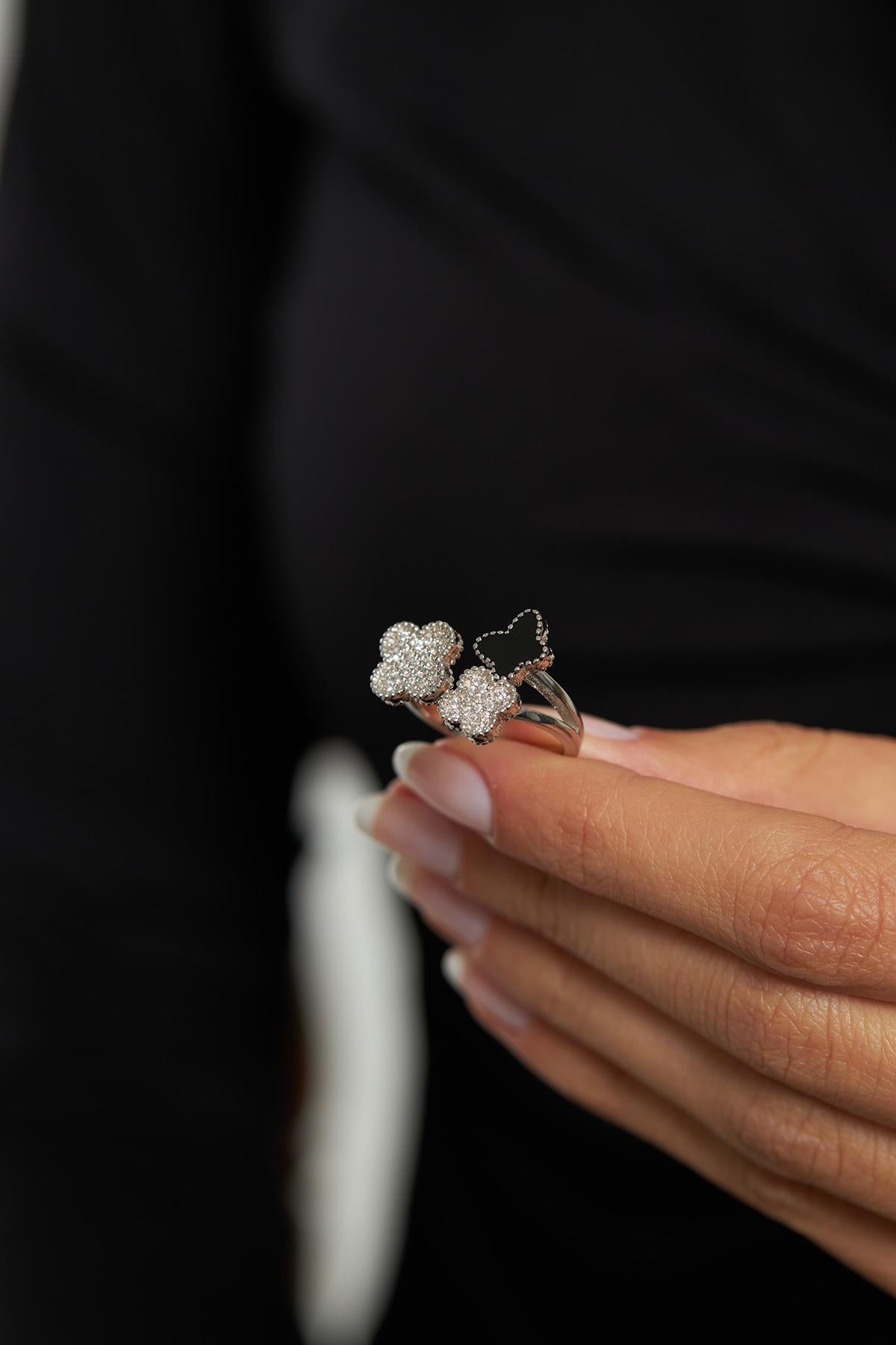 Black Enamel Butterfly Clover Ring Rhodium Plated Silver