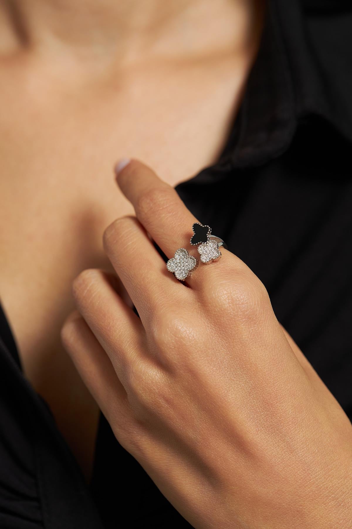 Black Enamel Butterfly Clover Ring Rhodium Plated Silver