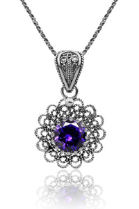 February Amethyst Birthstone Floral Filigree Silver Necklace