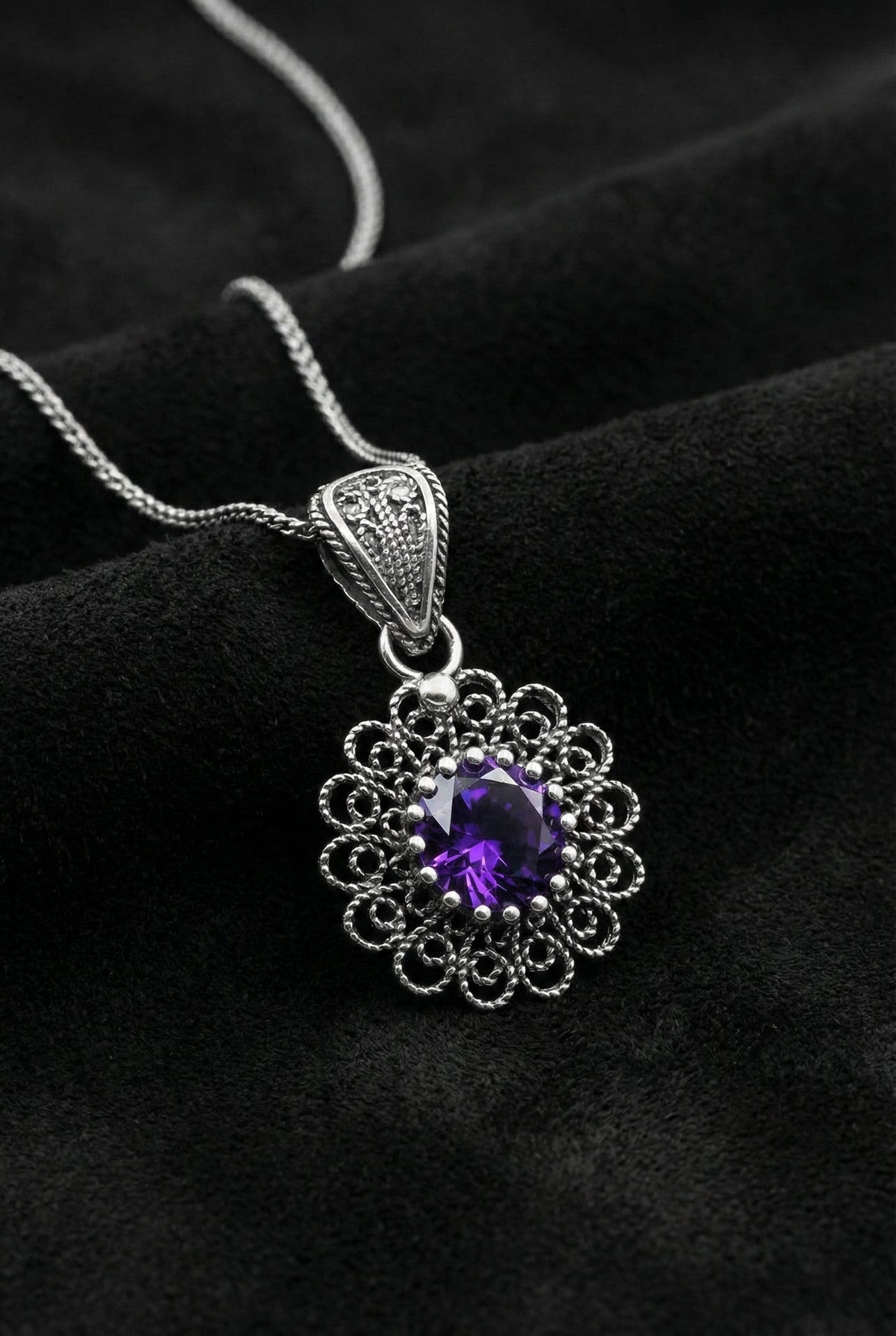 February Amethyst Birthstone Flower Motif Filigree Necklace Silver