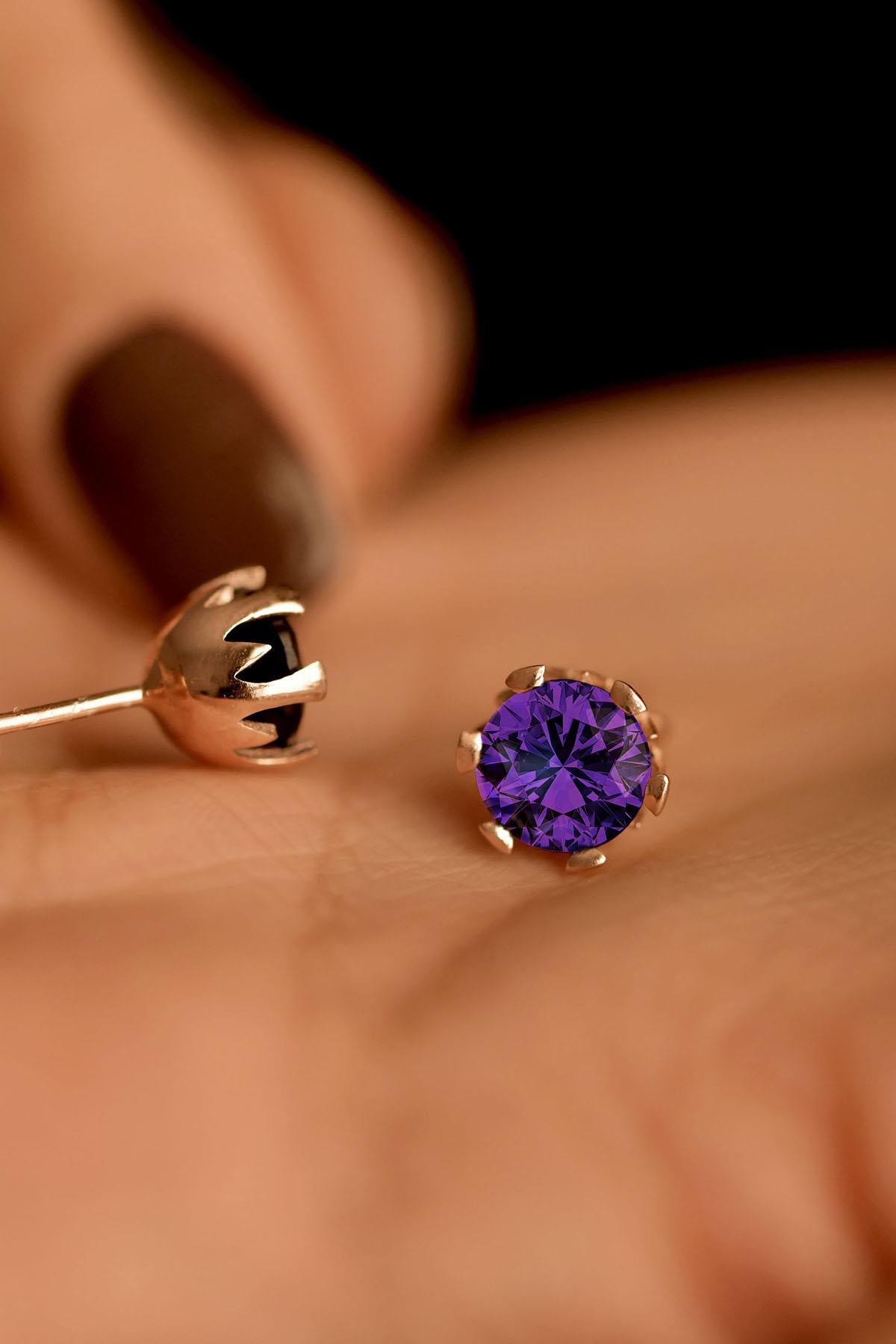 February Amethyst Birthstone Rose Solitaire Stud Silver Earrings