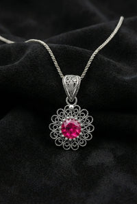 July Ruby Birthstone Floral Motif Filigree Silver Necklace