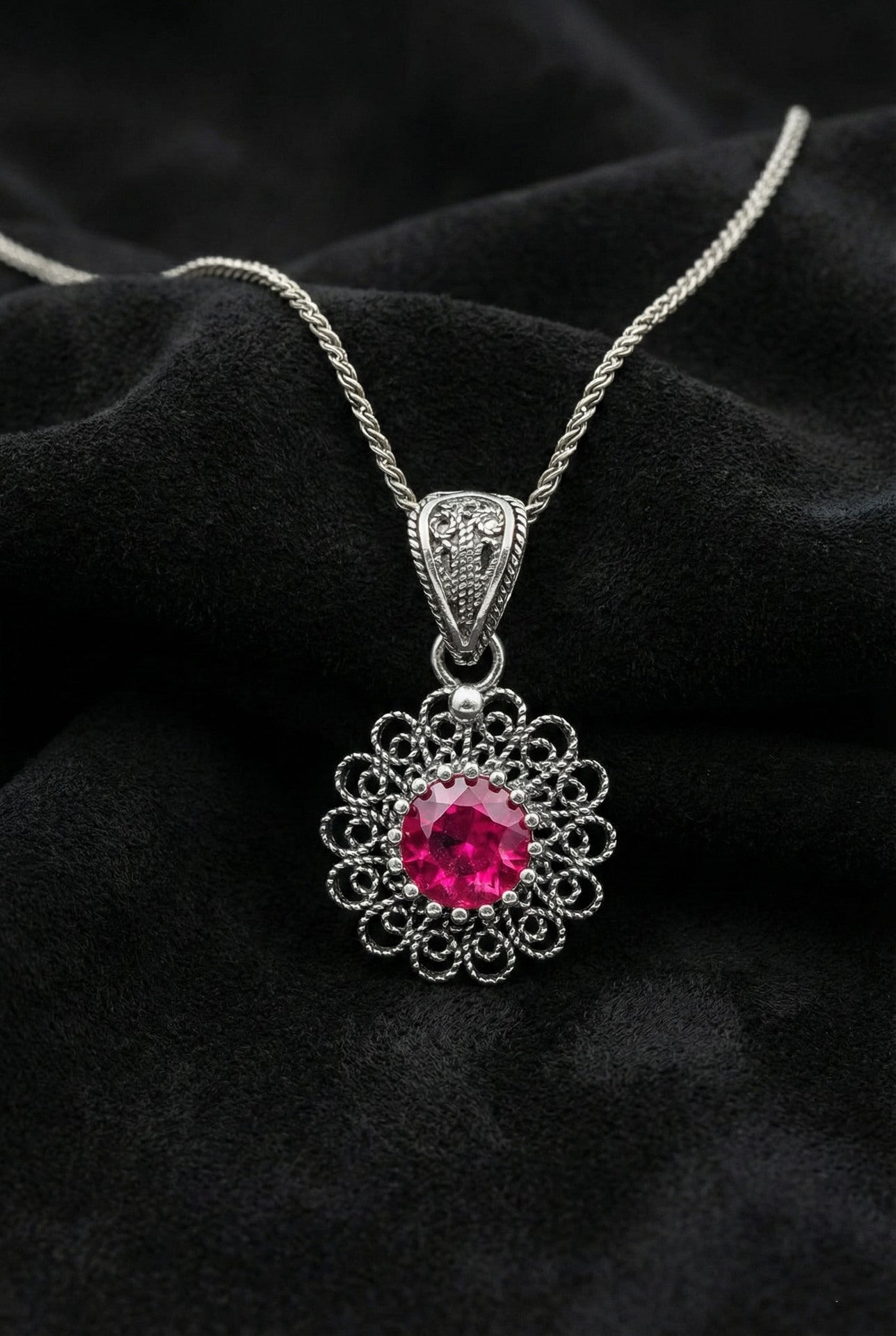 July Ruby Birthstone Floral Motif Filigree Silver Necklace