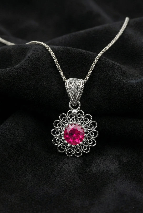 July Ruby Birthstone Floral Motif Filigree Silver Necklace