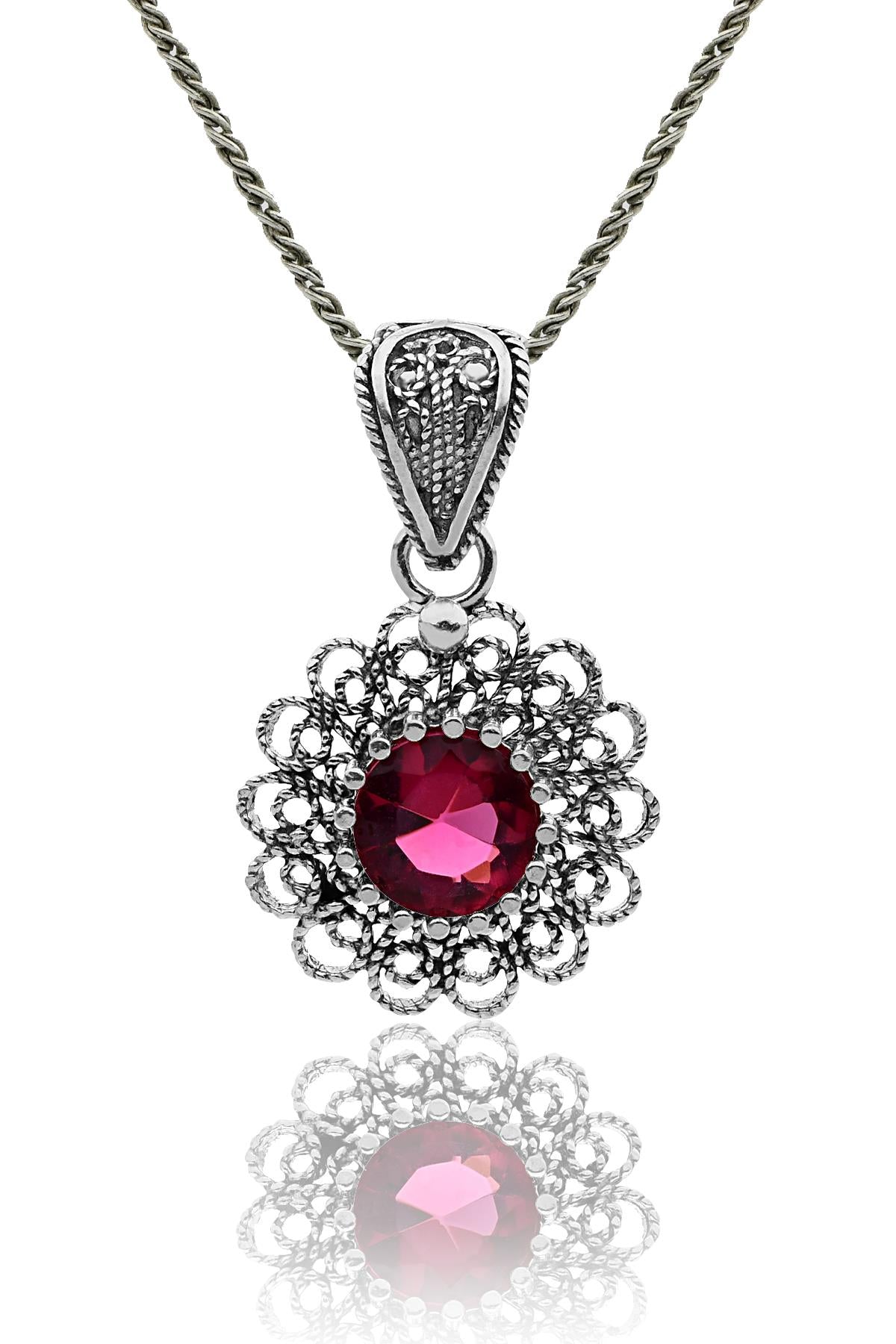 July Ruby Birthstone Floral Motif Filigree Silver Necklace