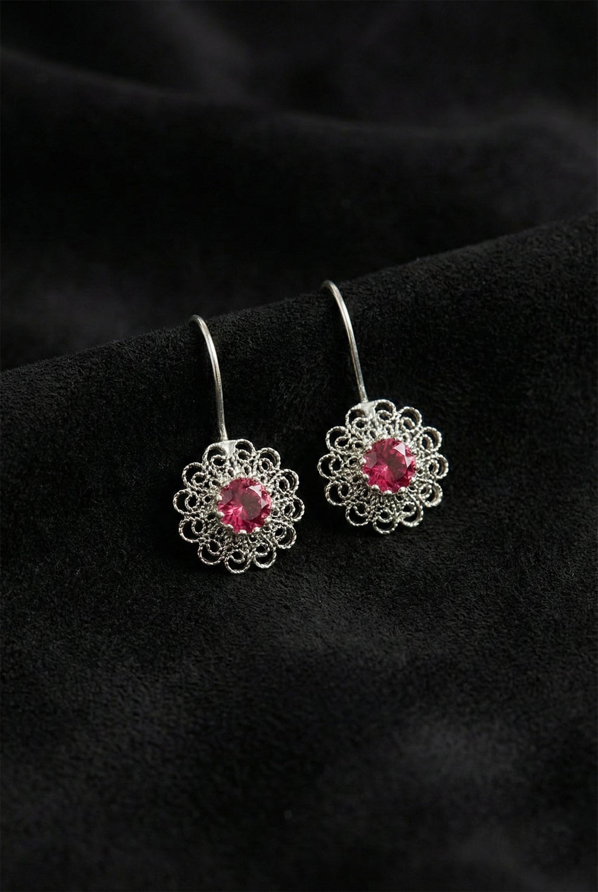 July Ruby Birthstone Flower Filigree Drops in 925 sterling silver
