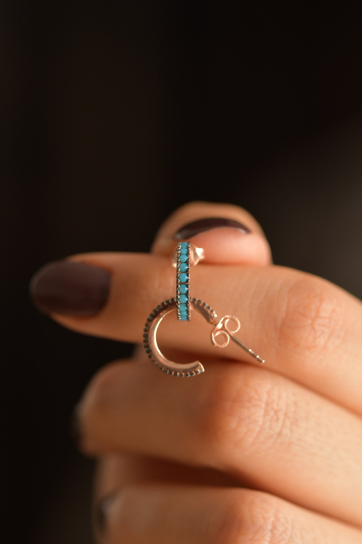 Rose Gold Turquoise Small Hoop Stud Earrings in 925 sterling silver - view 2