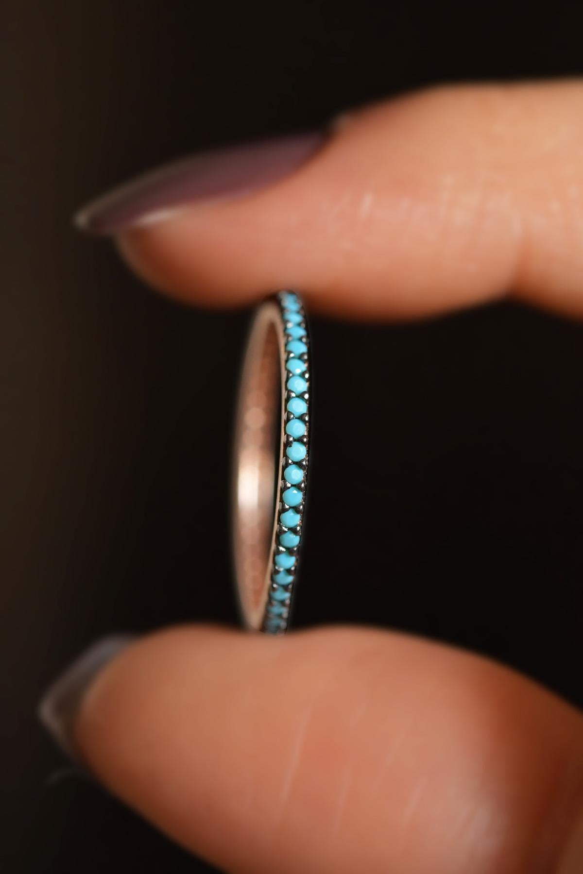 925 Sterling Silver Rose Gold Turquoise Eternity Band, Dainty Minimalist Stacking Ring