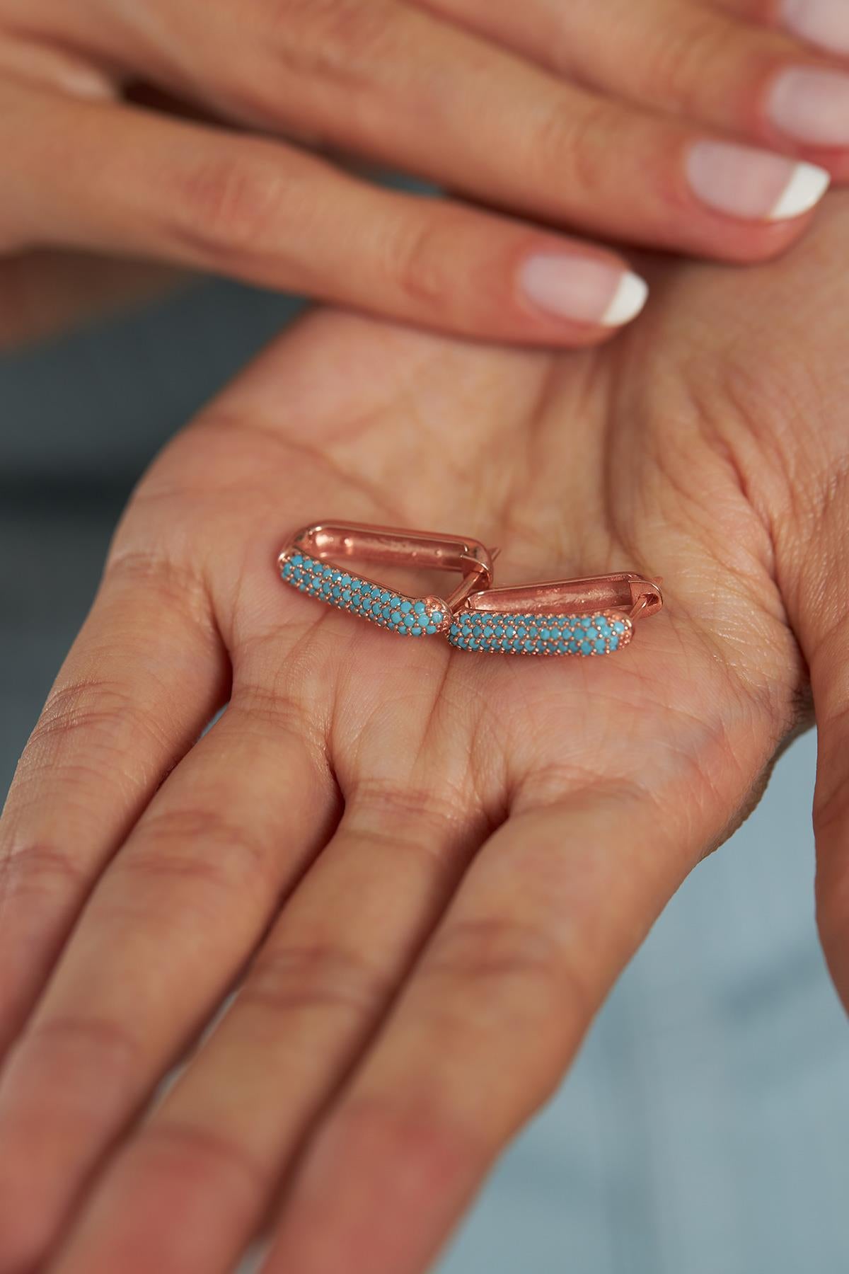 Turquoise Triangle Hoop Earrings Rose Gold Plated Silver