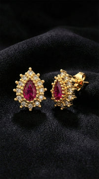 Ruby Drop Halo Minimalist Stud Earrings Gold Plated Silver