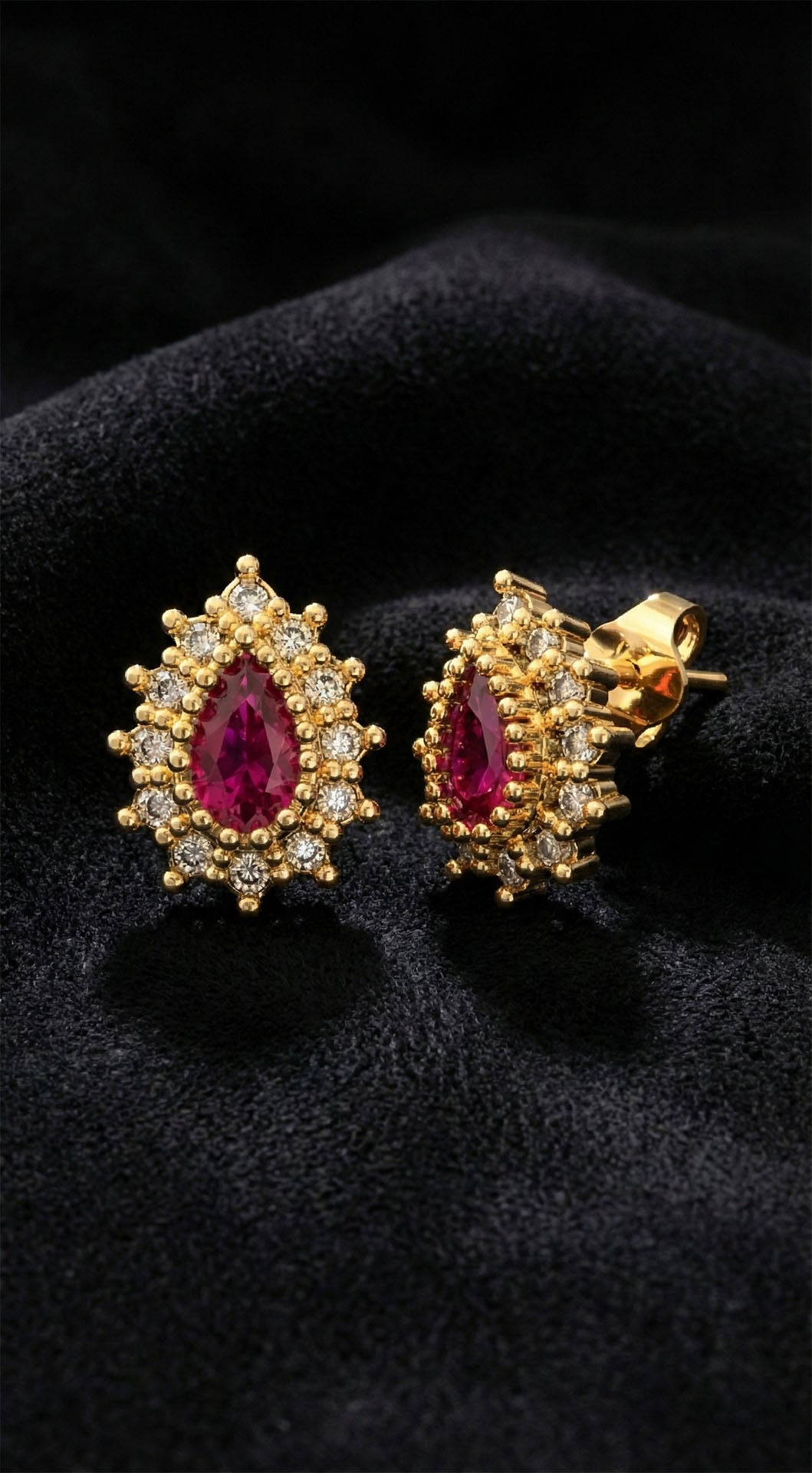 Ruby Drop Halo Minimalist Stud Earrings Gold Plated Silver
