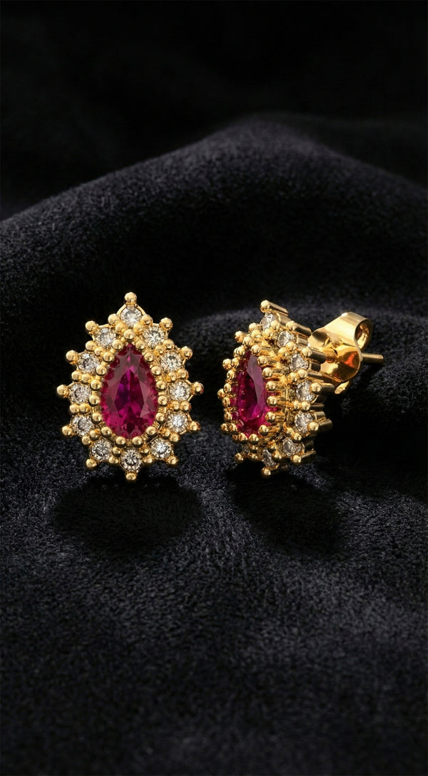 Ruby Drop Halo Minimalist Stud Earrings Gold Plated Silver