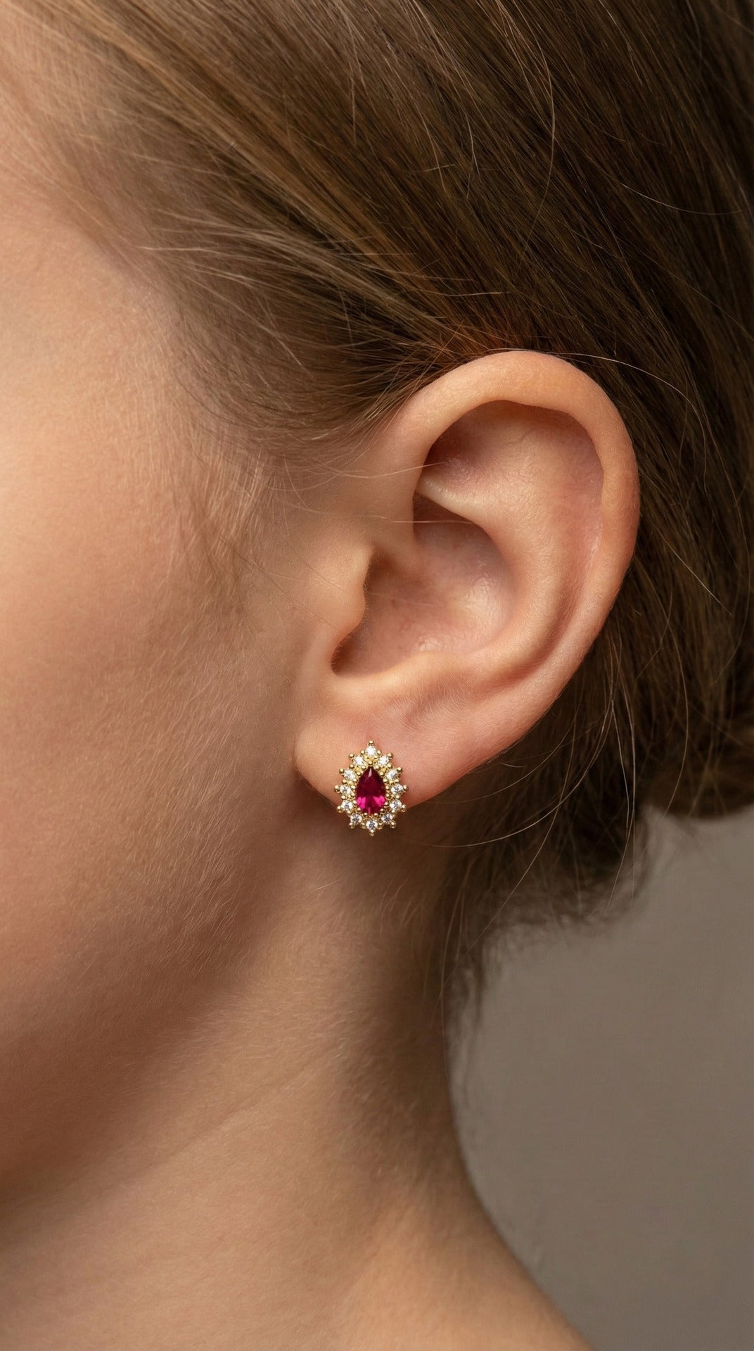 Ruby Drop Halo Minimalist Stud Earrings Gold Plated Silver