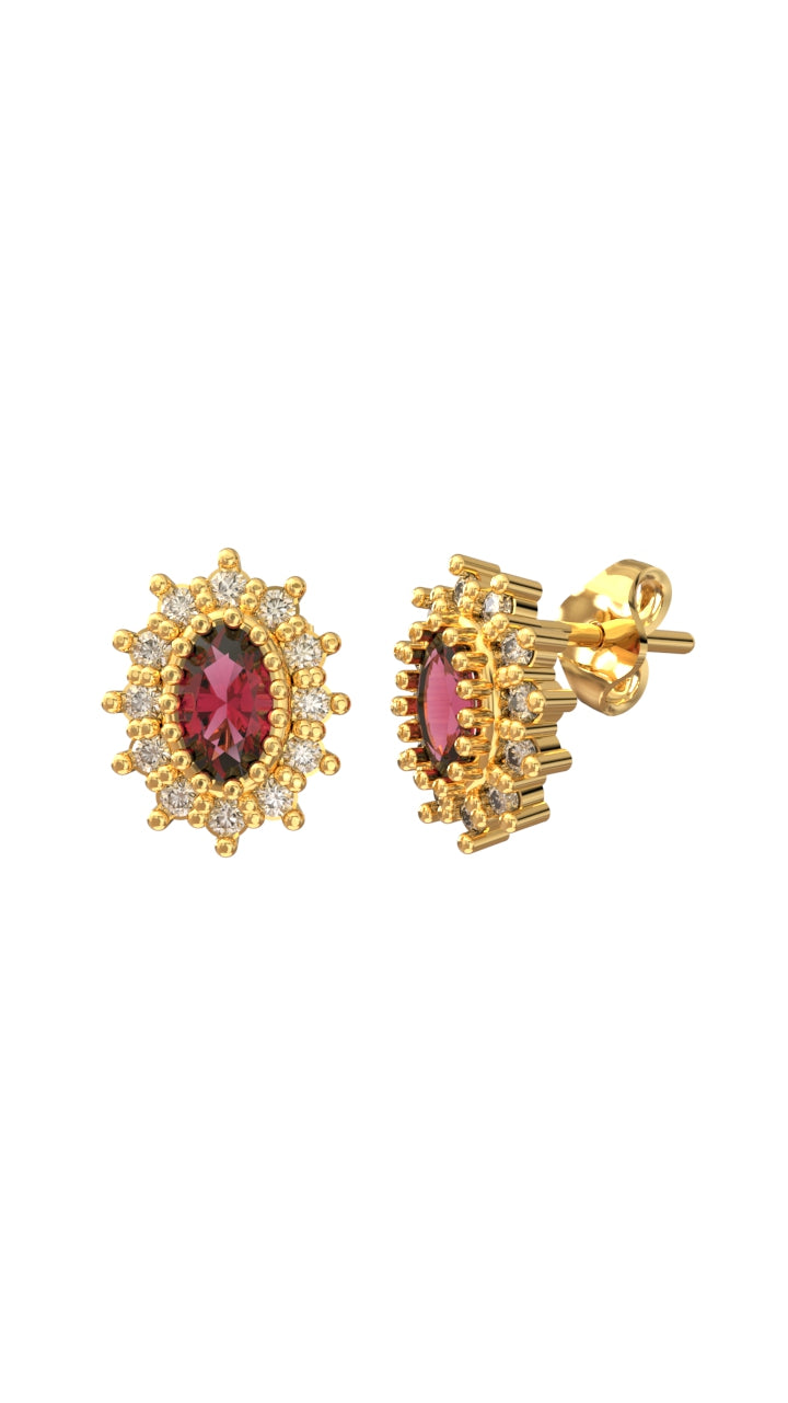 Gold Oval Entourage Minimal Stud Silver Earrings with Ruby Stone