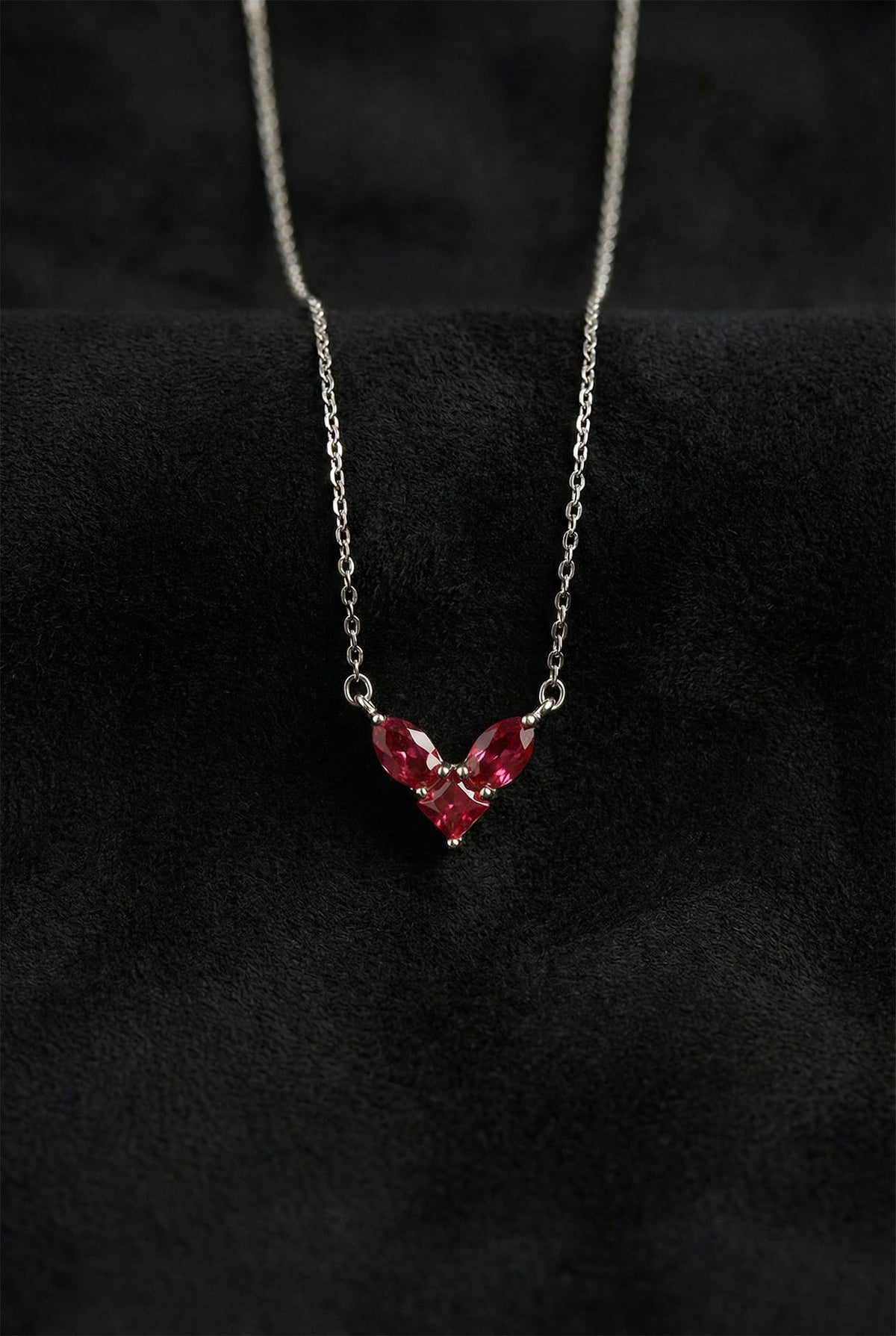Rhodium Ruby Heart Necklace with 3 - Pendant in 925 sterling silver