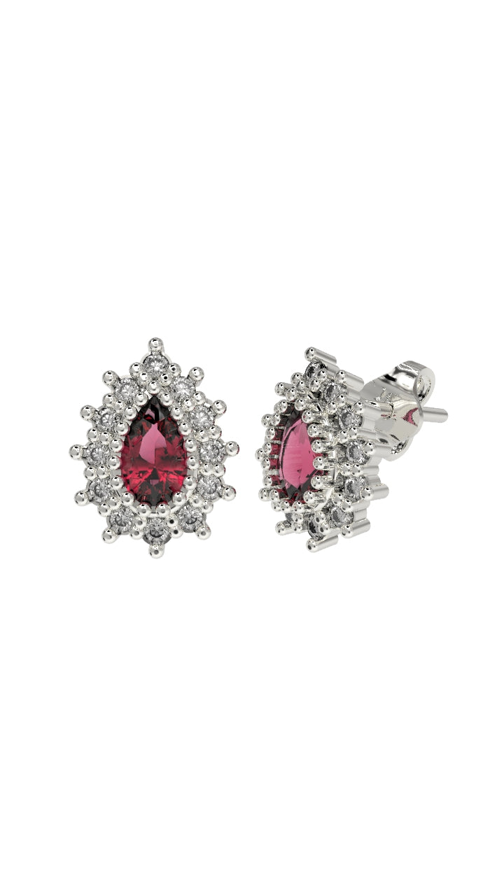 Ruby Drop Halo Minimalist Stud Earrings Rhodium Plated Silver