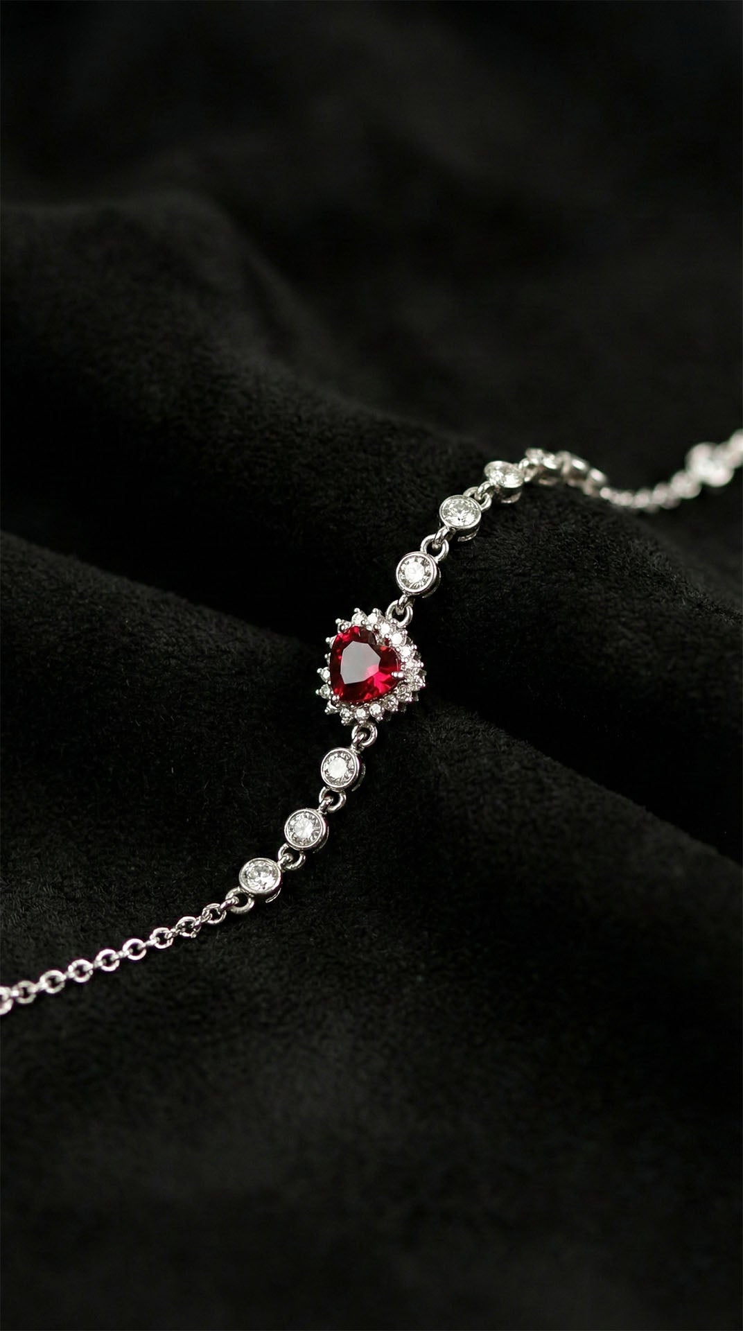 Rhodium Ruby & Zircon Halo Heart Bracelet in 925 sterling silver