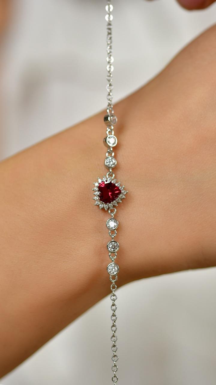 Ruby Heart Halo Bracelet Rhodium Plated Silver