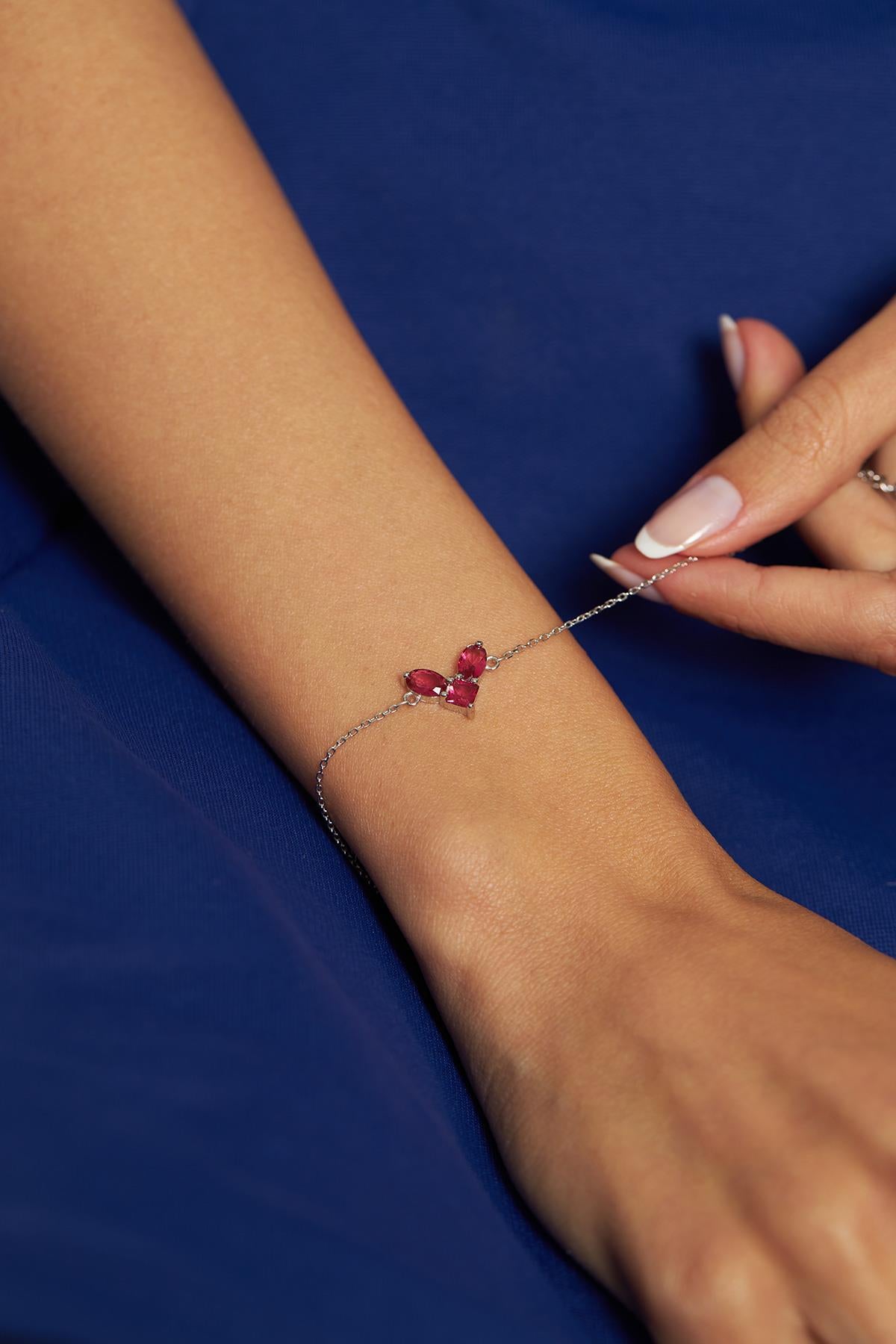 Ruby Heart Minimalist Bracelet Rhodium Plated Silver