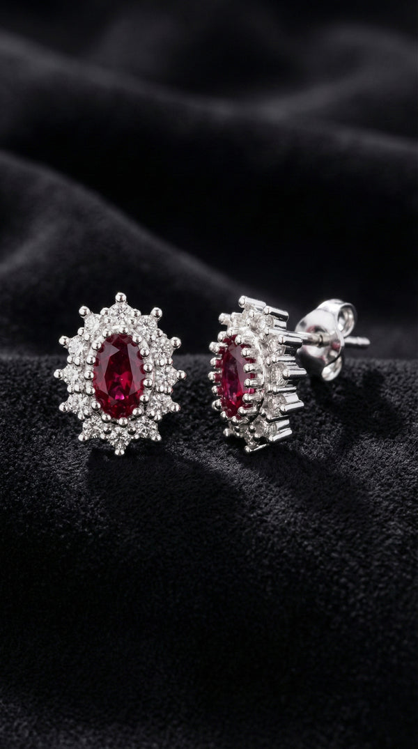 Yakut Taşlı Rodyum Oval Anturaj Minimal Çivili Gümüş Küpe