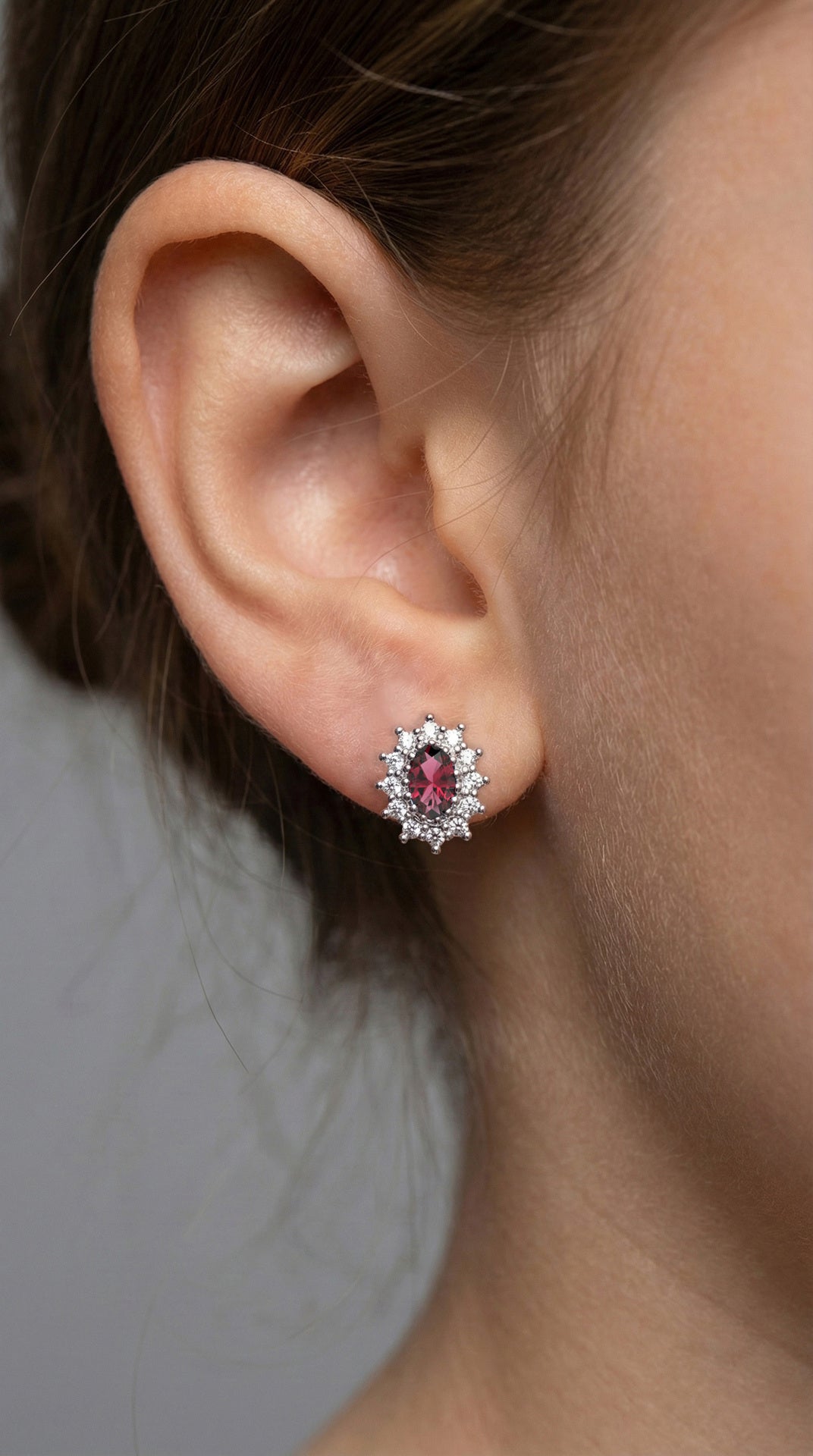 Ruby Oval Halo Minimalist Stud Earrings Rhodium Plated Silver