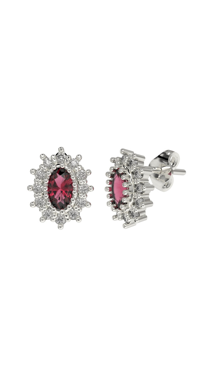 Ruby Oval Halo Minimalist Stud Earrings Rhodium Plated Silver