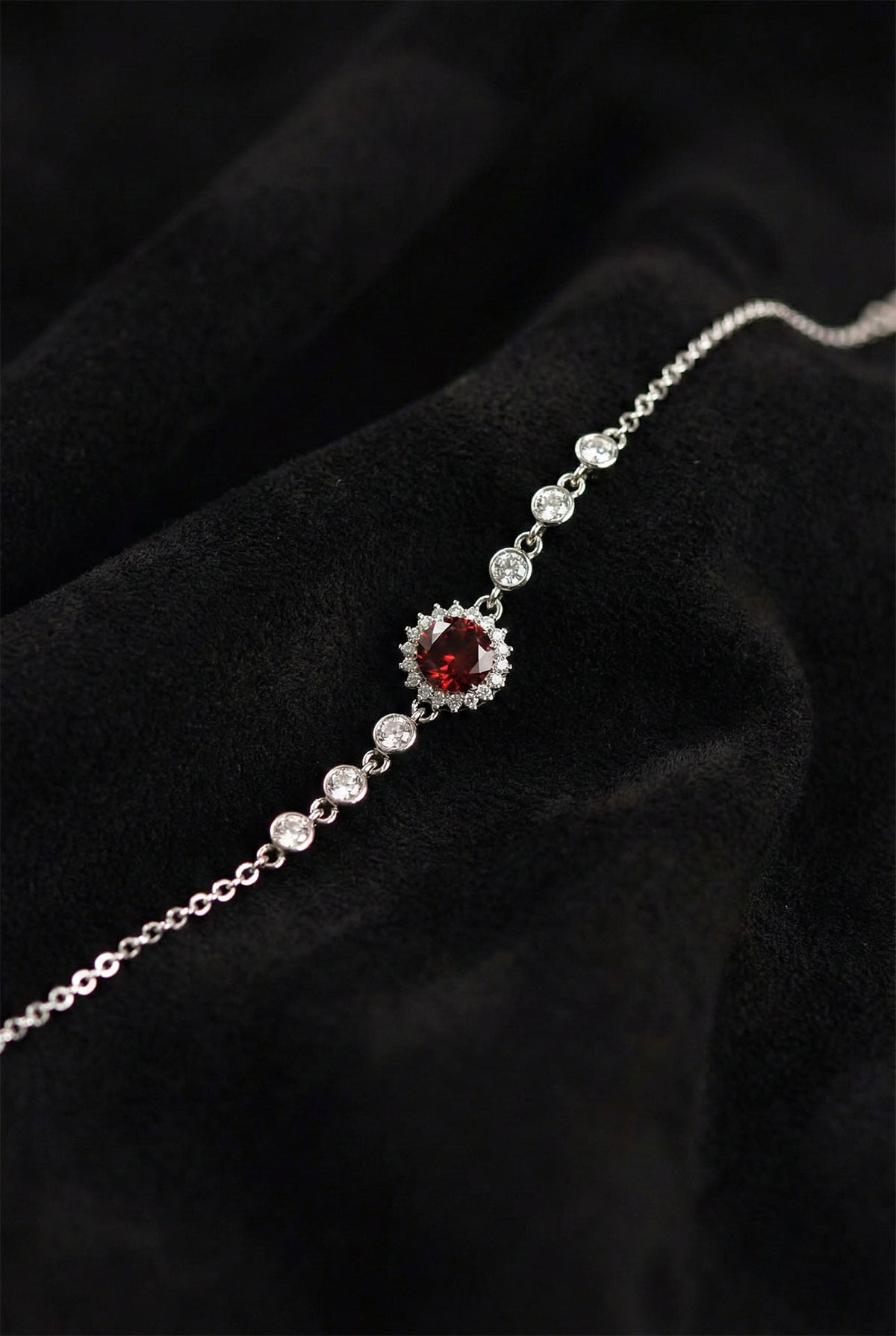 Rhodium Ruby Round Halo, Red Chain Bracelet in 925 sterling silver