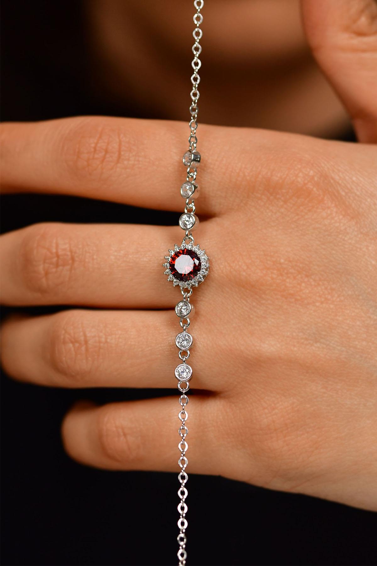 Ruby Round Halo Bracelet Rhodium Plated Silver
