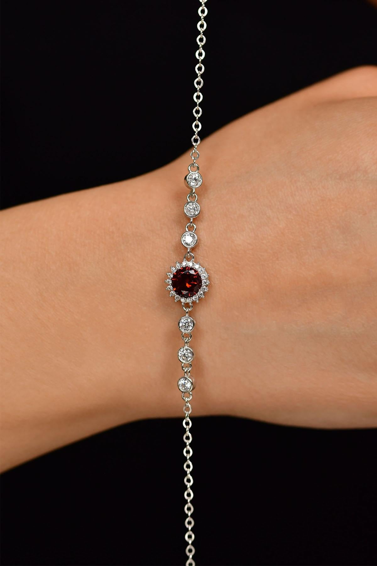 Ruby Round Halo Bracelet Rhodium Plated Silver