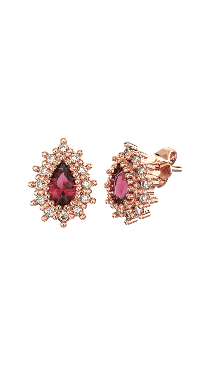 Ruby Drop Halo Minimalist Stud Earrings Rose Gold Plated Silver
