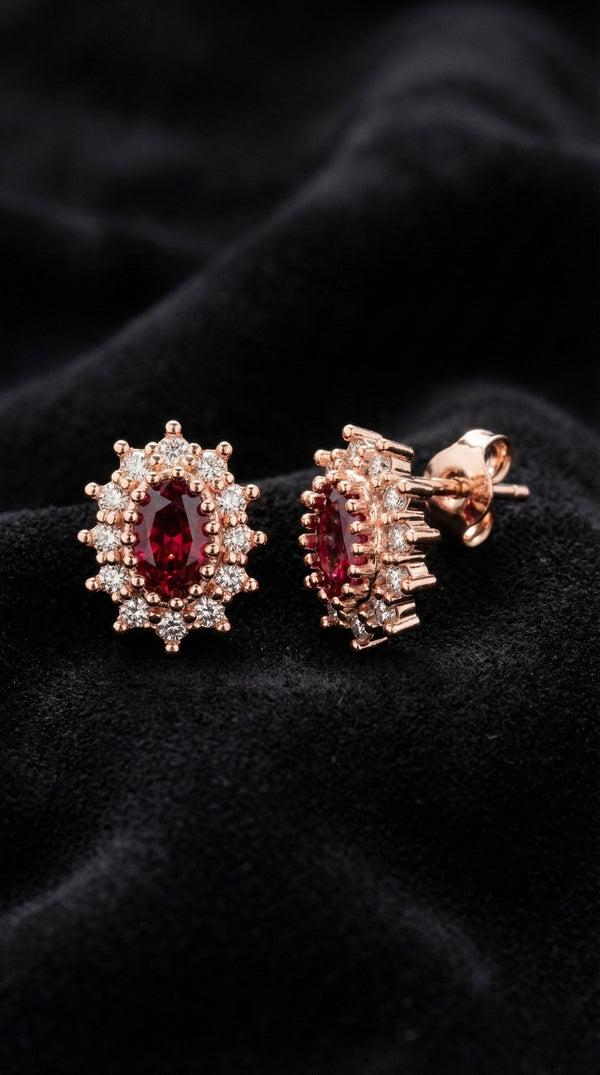 Rose Oval Ruby Minimal Stud Silver Earrings