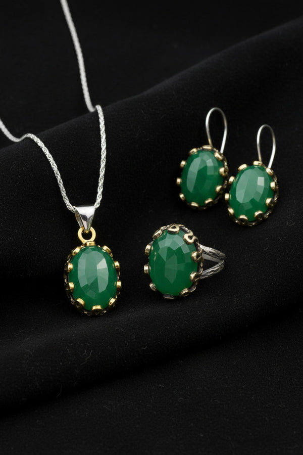Gilded Oval Jade Gemstone Jewelry Set | 925 Silver