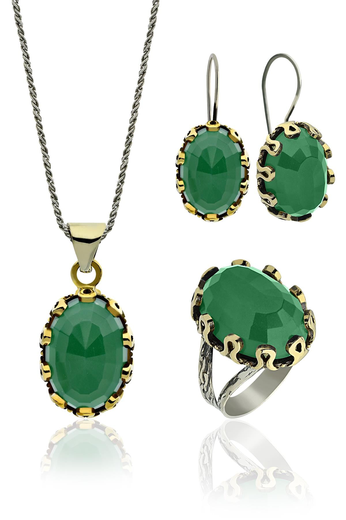 Gilded Oval Jade Gemstone Jewelry Set in 925 sterling silver - view 6