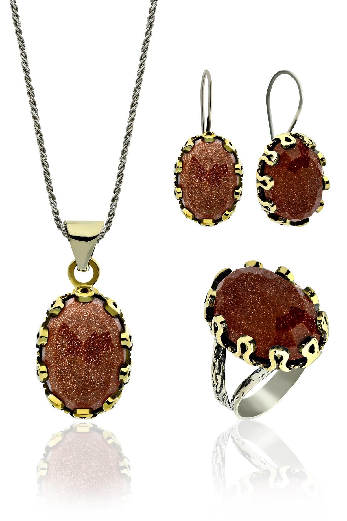 Gilded Oval Sunstone Gemstone Jewelry Set in 925 sterling silver - view 8