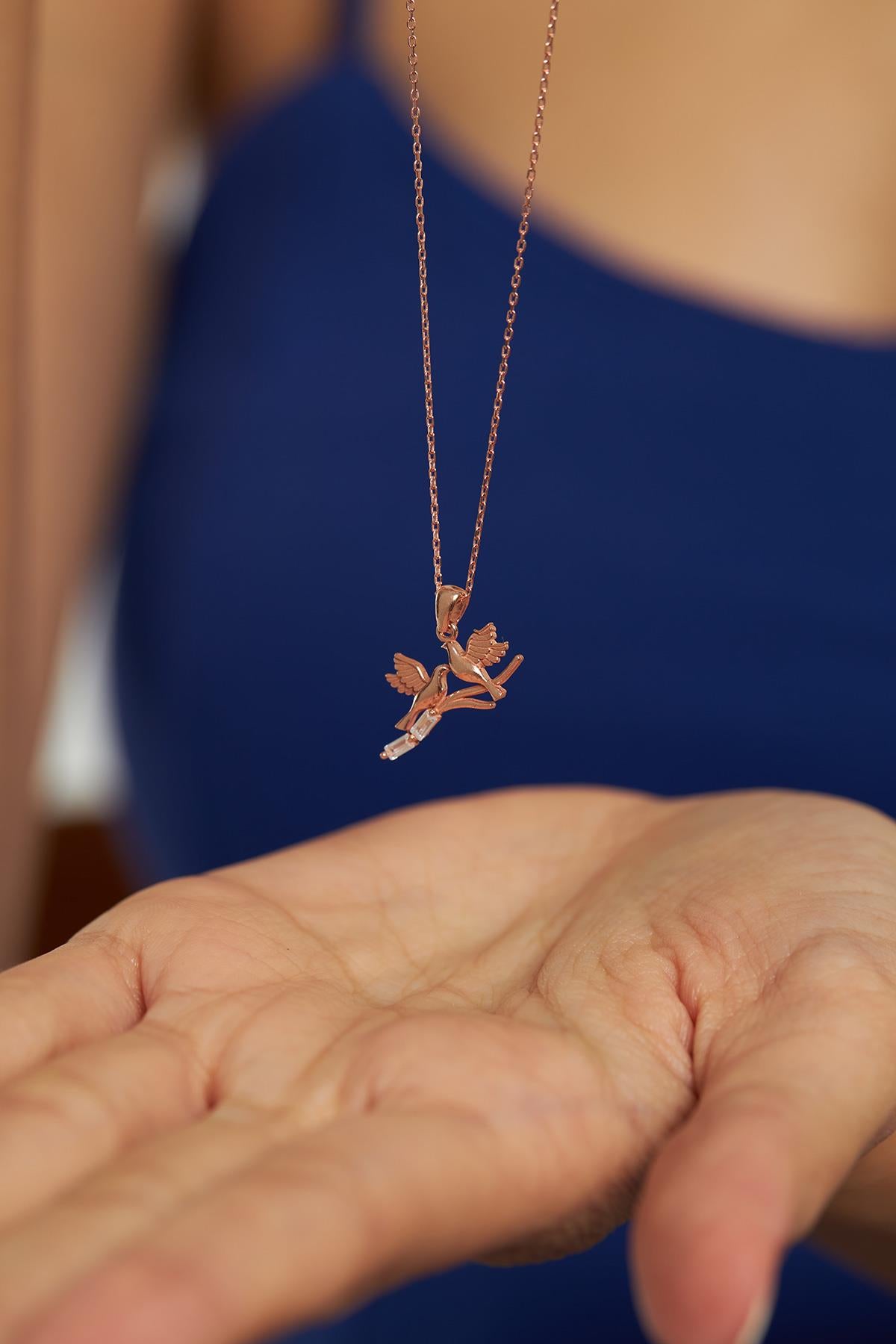 Rose Bird's Nest Silver Necklace with Zircon Baguette Stones