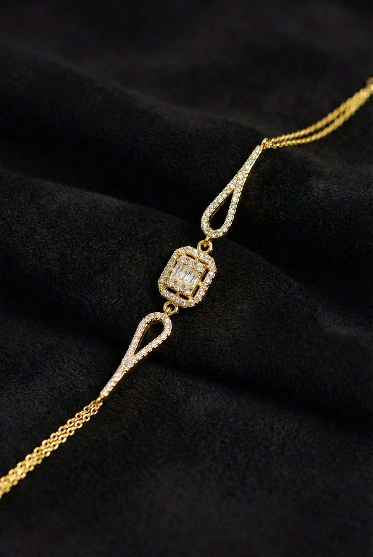 Gold Baguette Zircon Bracelet, Multi Chain in 925 sterling silver