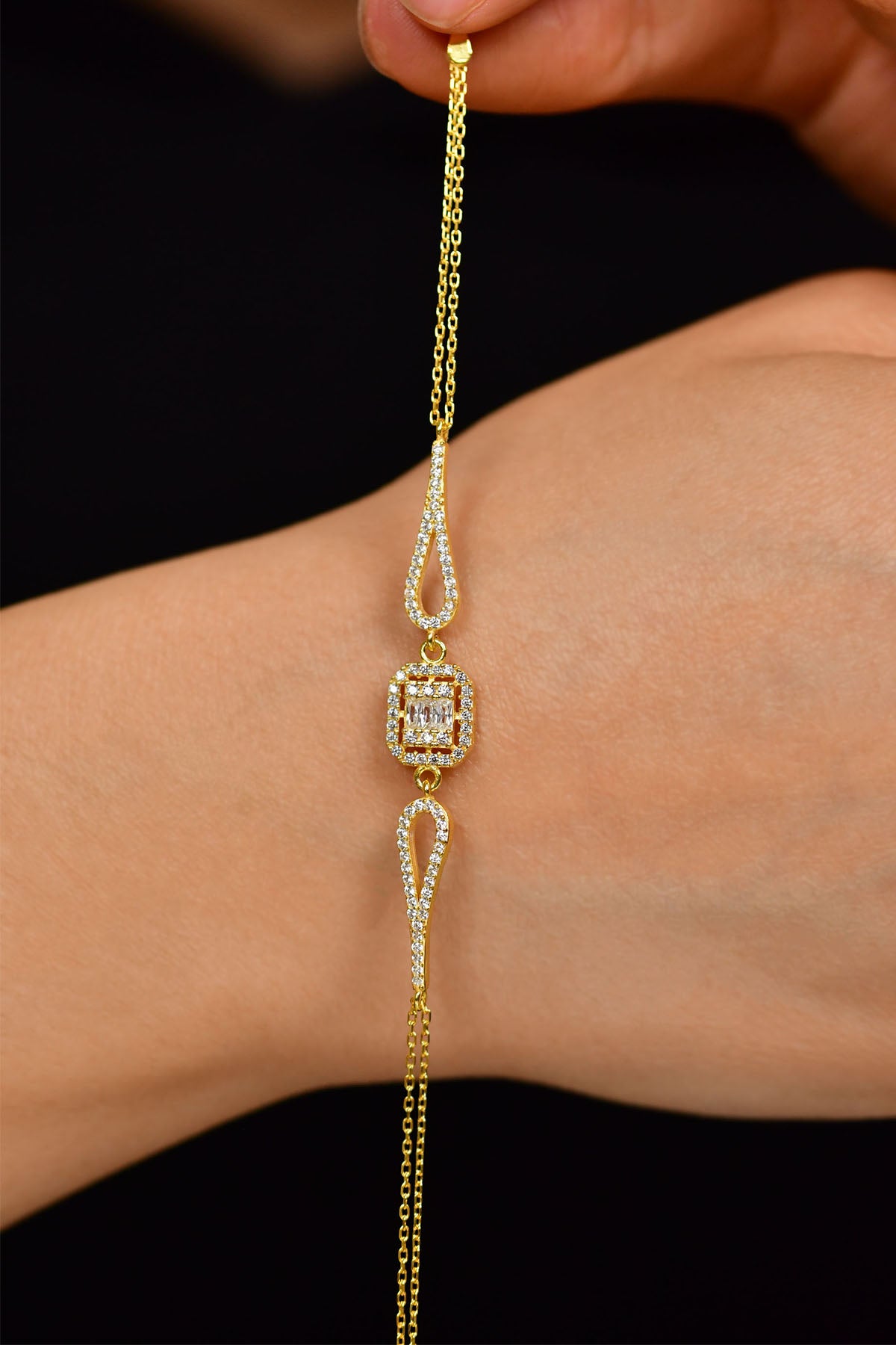 Gold Baguette Zircon Bracelet, Multi Chain | 925 Silver