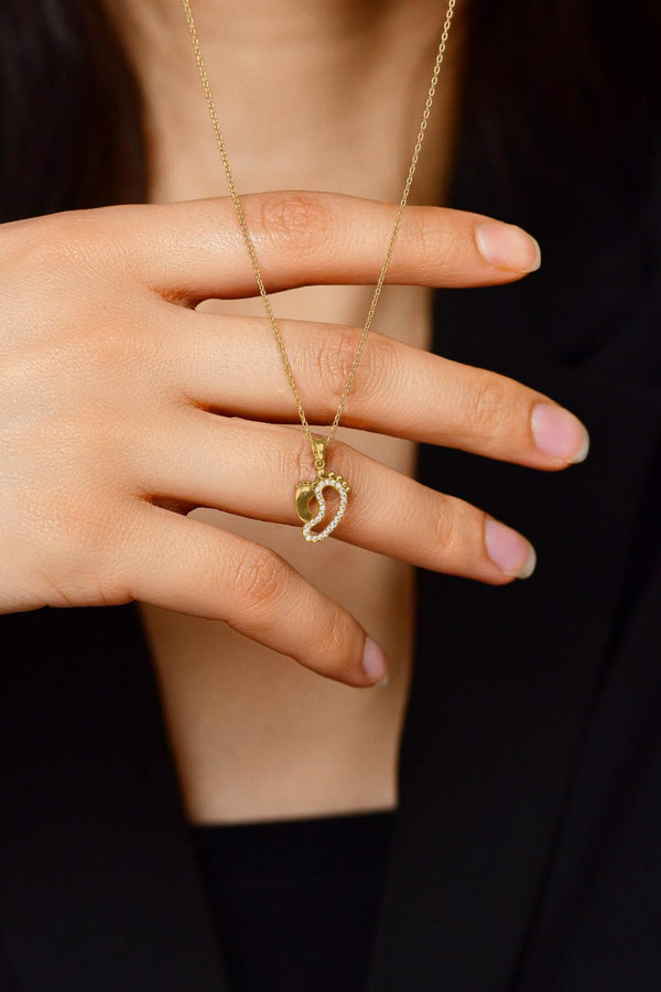 Zircon Stone Gold Mother Baby Footprint Silver Necklace