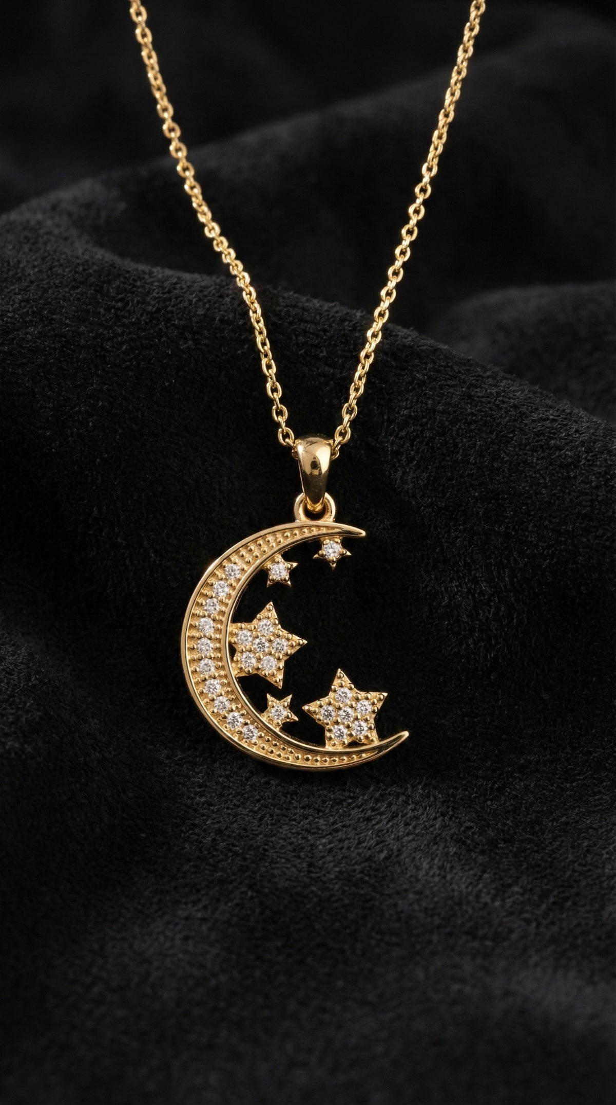 Gold Zircon Crescent Moon & Stars Necklace in 925 sterling silver