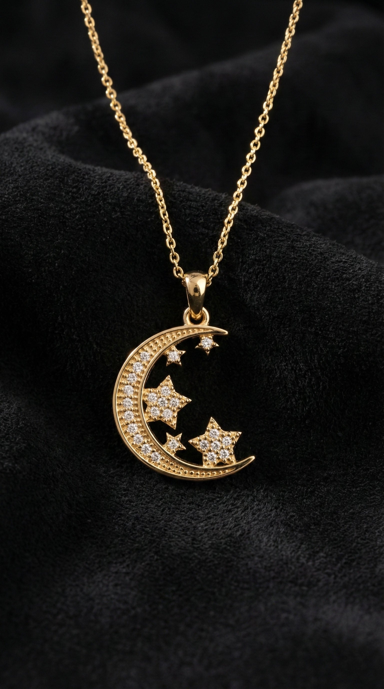 Zirkon Taşlı Gold Ay Yıldız Gökyüzü Gümüş Kolye