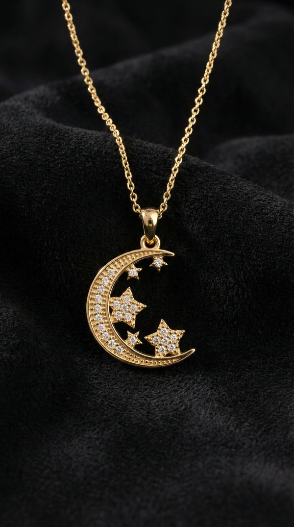Zirkon Taşlı Gold Ay Yıldız Gökyüzü Gümüş Kolye