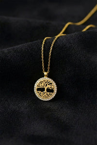Gold Zircon Tree of Life Circle Necklace | 925 Silver