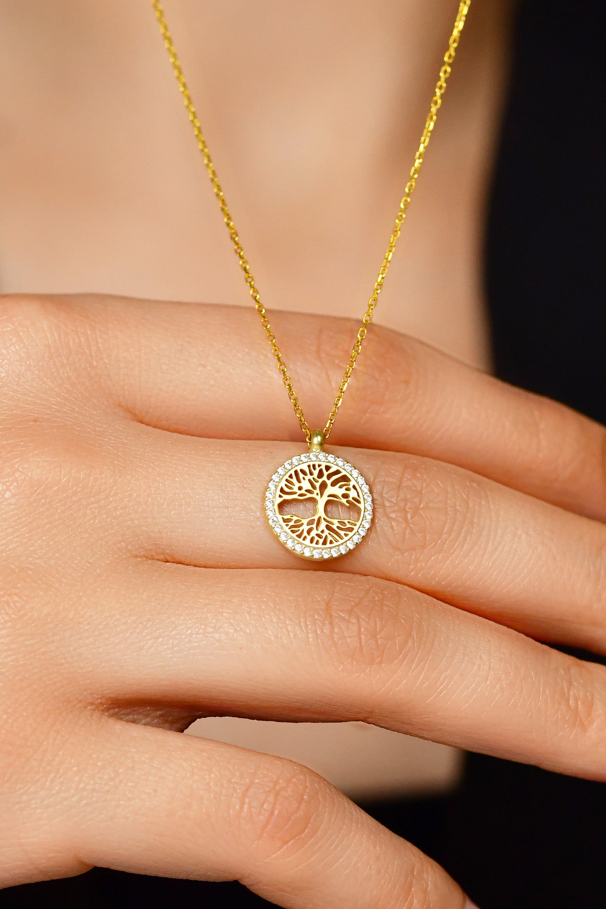 Gold Zircon Tree of Life Circle Necklace | 925 Silver