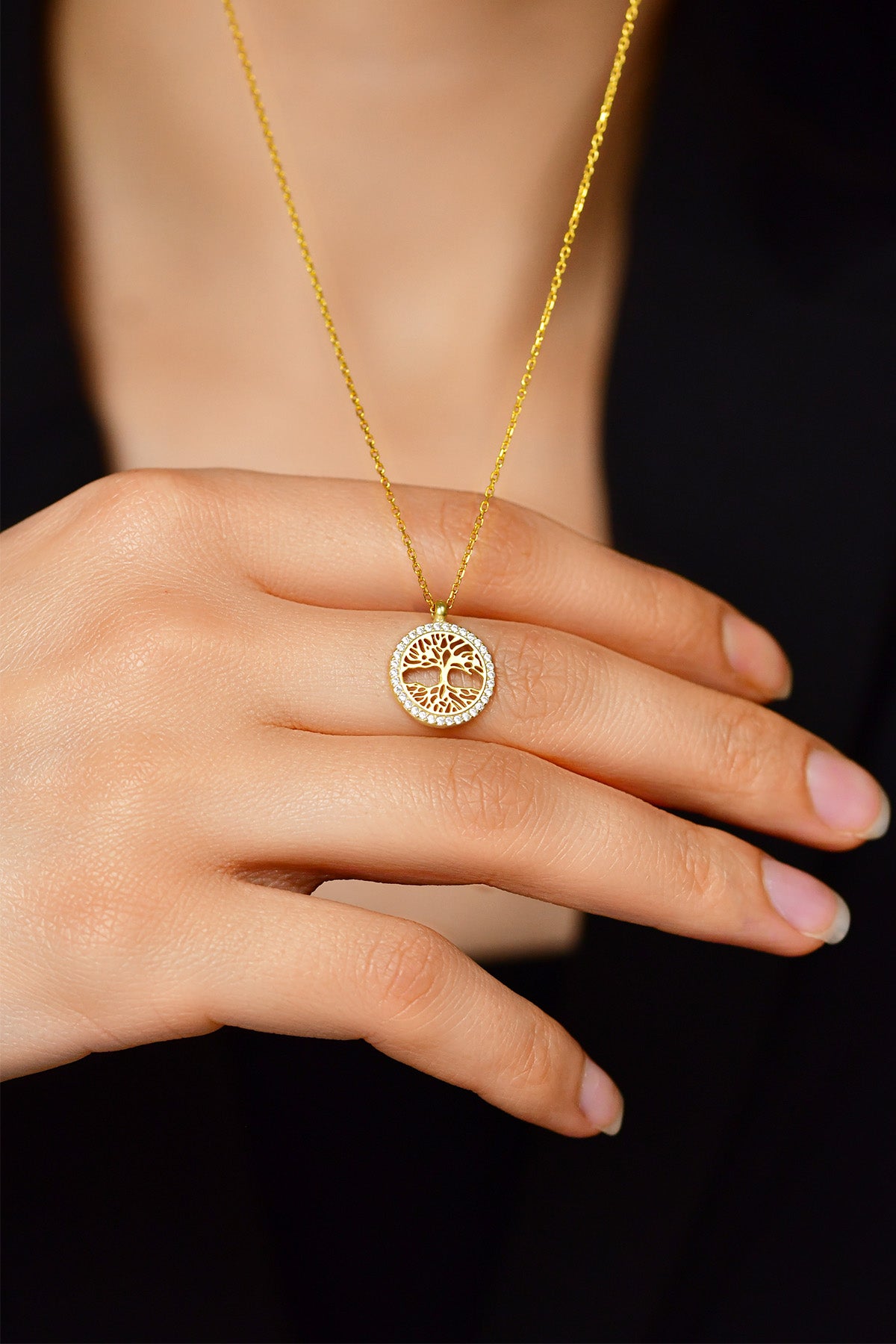 Gold Zircon Tree of Life Circle Necklace | 925 Silver