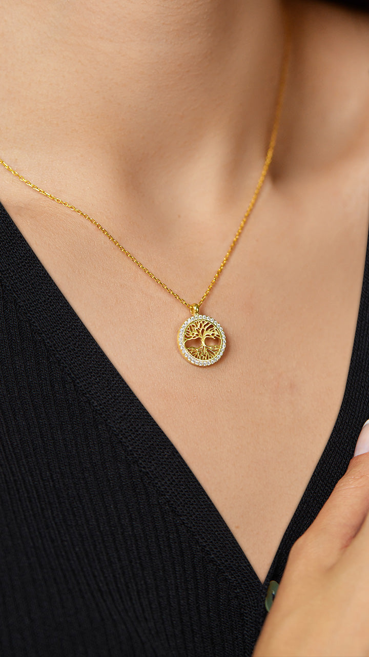 Gold Zircon Tree of Life Circle Necklace | 925 Silver