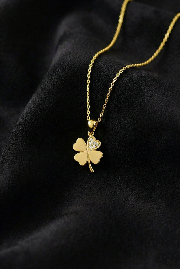 Gold Four Leaf Clover Zircon Pendant Necklace | 925 Silver