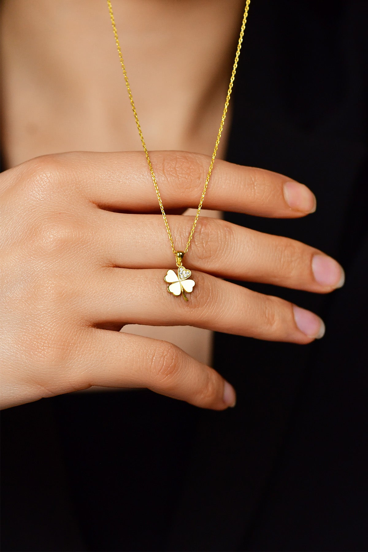 Gold Four Leaf Clover Zircon Pendant Necklace | 925 Silver