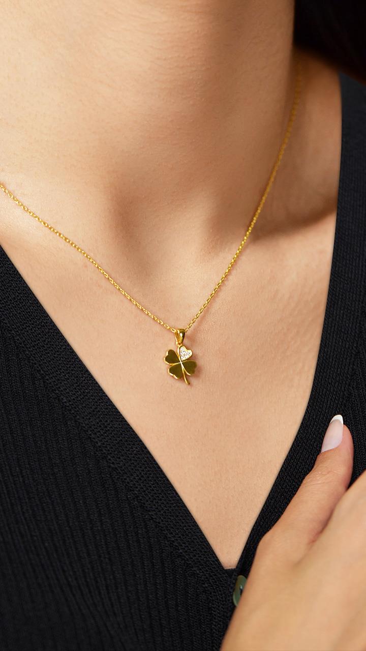 Gold Four-Leaf Clover Silver Necklace with Zircon Stones