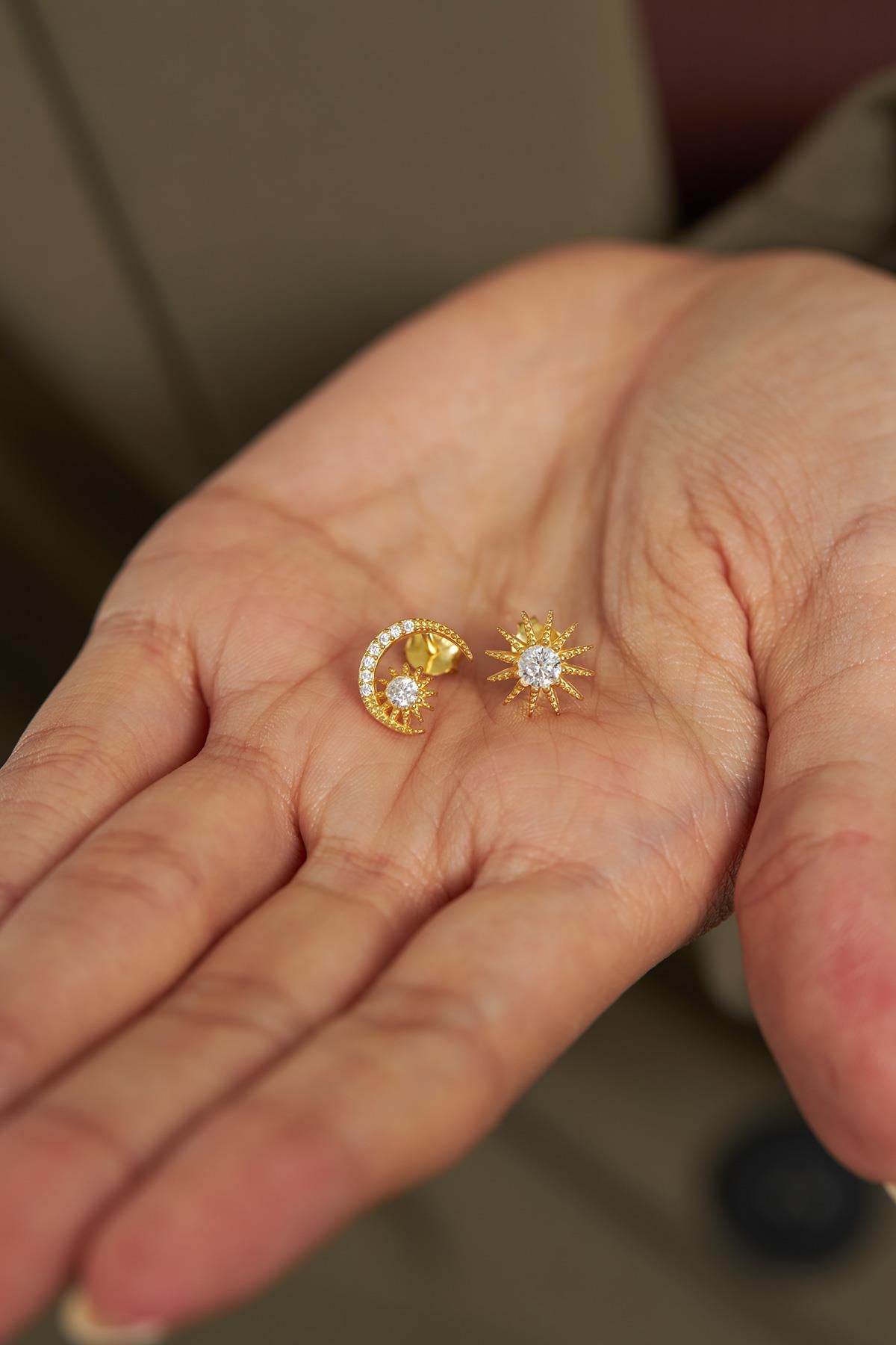 Zircon Gold Sun Moon Two-Piece Silver Earrings