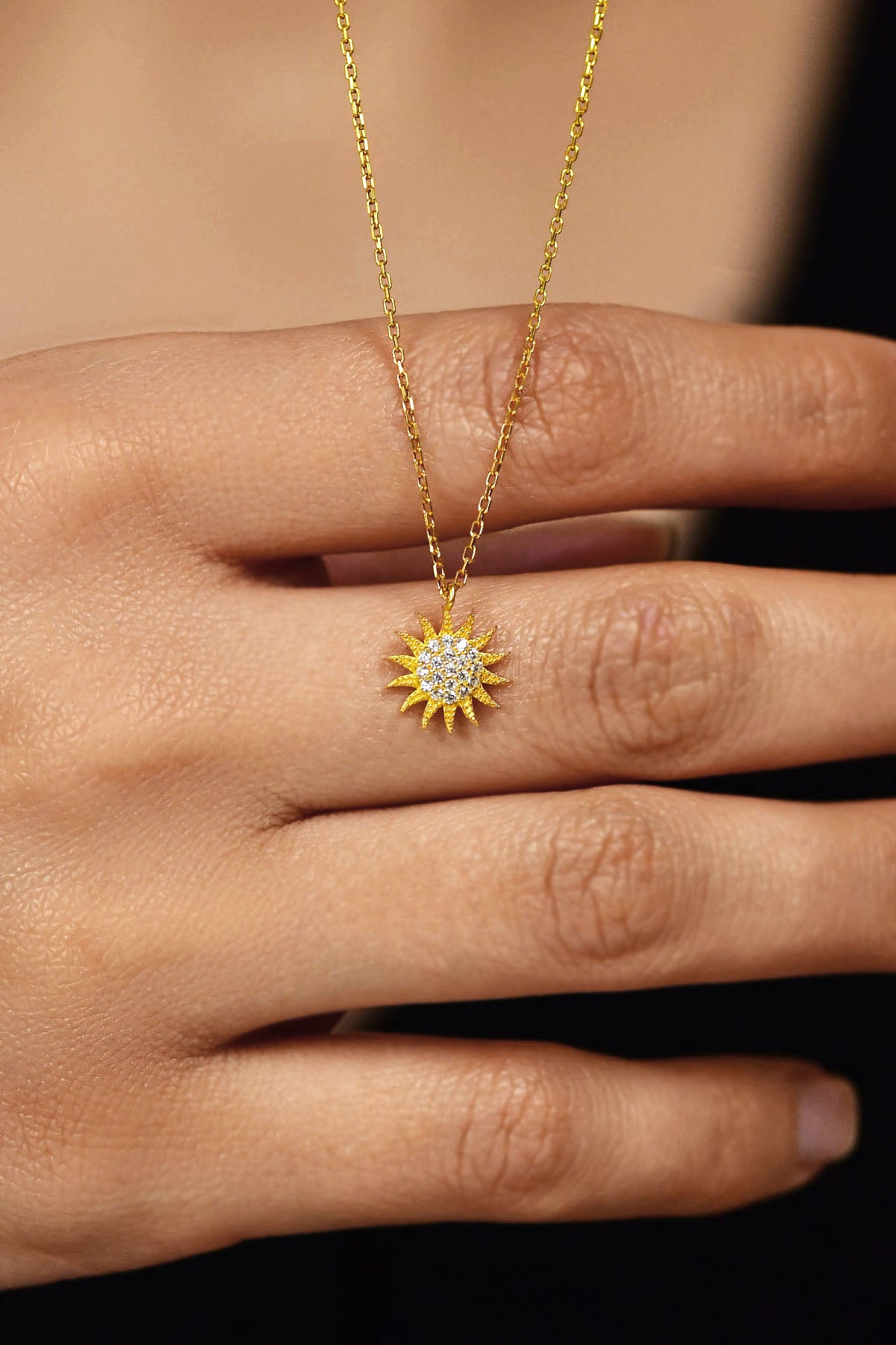 Gold Sun Necklace with Zircon | 925 Silver
